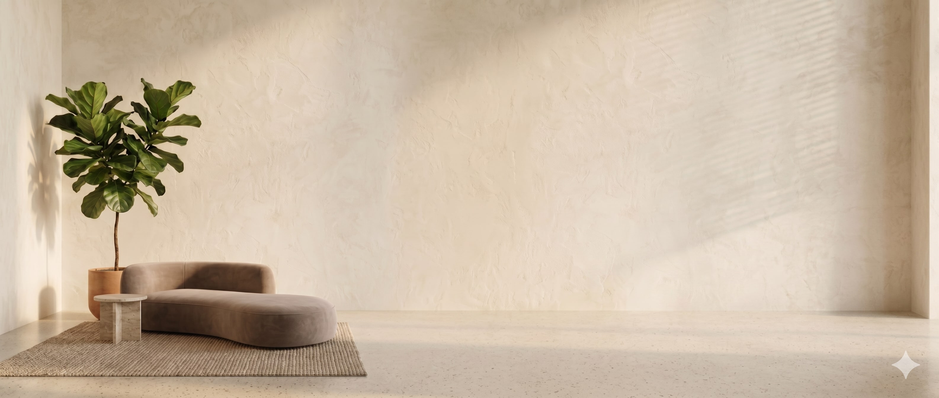 Ambiente minimalista crema: pared texturada con luz cálida, planta a la izquierda, sillón curvo.